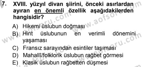 XVIII. Yüzyıl Türk Edebiyatı Dersi 2012 - 2013 Yılı (Vize) Ara Sınav Soruları 7. Soru