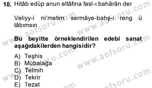 XVIII. Yüzyıl Türk Edebiyatı Dersi 2013 - 2014 Yılı (Vize) Ara Sınav Soruları 10. Soru