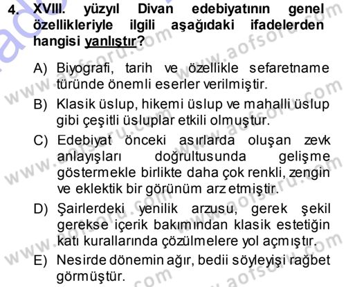 XVIII. Yüzyıl Türk Edebiyatı Dersi 2013 - 2014 Yılı (Vize) Ara Sınav Soruları 4. Soru