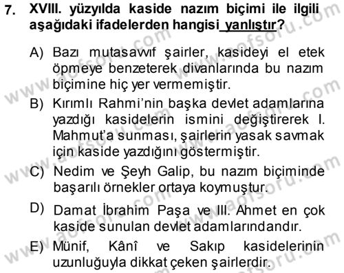 XVIII. Yüzyıl Türk Edebiyatı Dersi 2013 - 2014 Yılı (Vize) Ara Sınav Soruları 7. Soru