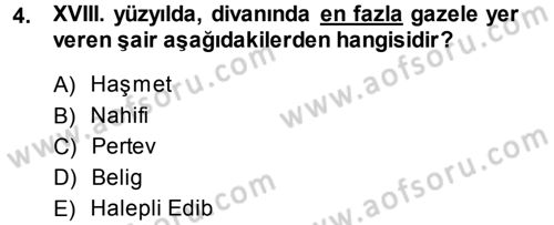 XVIII. Yüzyıl Türk Edebiyatı Dersi 2013 - 2014 Yılı Tek Ders Sınav Soruları 4. Soru