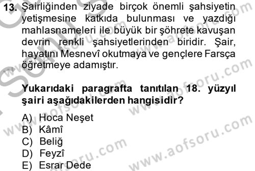 XVIII. Yüzyıl Türk Edebiyatı Dersi 2014 - 2015 Yılı (Final) Dönem Sonu Sınav Soruları 13. Soru