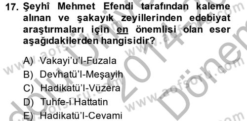 XVIII. Yüzyıl Türk Edebiyatı Dersi 2014 - 2015 Yılı (Final) Dönem Sonu Sınav Soruları 17. Soru