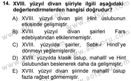 XVIII. Yüzyıl Türk Edebiyatı Dersi 2014 - 2015 Yılı Tek Ders Sınav Soruları 14. Soru