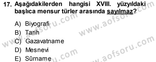 XVIII. Yüzyıl Türk Edebiyatı Dersi 2014 - 2015 Yılı Tek Ders Sınav Soruları 17. Soru