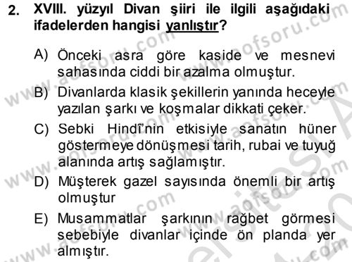 XVIII. Yüzyıl Türk Edebiyatı Dersi 2014 - 2015 Yılı Tek Ders Sınav Soruları 2. Soru