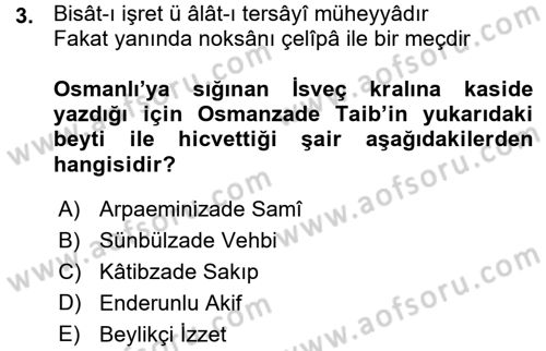 XVIII. Yüzyıl Türk Edebiyatı Dersi 2015 - 2016 Yılı (Vize) Ara Sınav Soruları 3. Soru