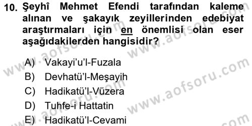 XVIII. Yüzyıl Türk Edebiyatı Dersi 2015 - 2016 Yılı Tek Ders Sınav Soruları 10. Soru