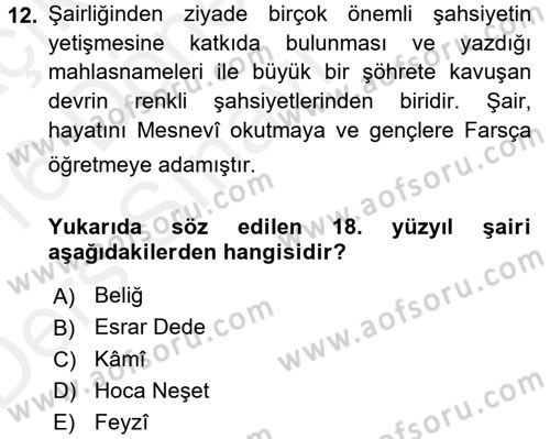 XVIII. Yüzyıl Türk Edebiyatı Dersi 2015 - 2016 Yılı Tek Ders Sınav Soruları 12. Soru