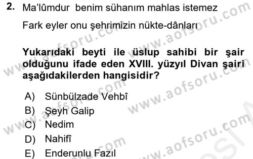 XVIII. Yüzyıl Türk Edebiyatı Dersi 2015 - 2016 Yılı Tek Ders Sınav Soruları 2. Soru