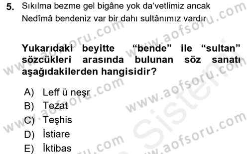 XVIII. Yüzyıl Türk Edebiyatı Dersi 2015 - 2016 Yılı Tek Ders Sınav Soruları 5. Soru