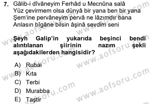 XVIII. Yüzyıl Türk Edebiyatı Dersi 2015 - 2016 Yılı Tek Ders Sınav Soruları 7. Soru