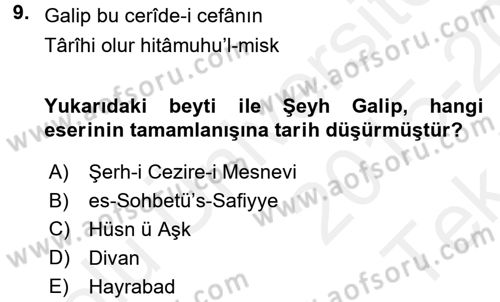 XVIII. Yüzyıl Türk Edebiyatı Dersi 2015 - 2016 Yılı Tek Ders Sınav Soruları 9. Soru