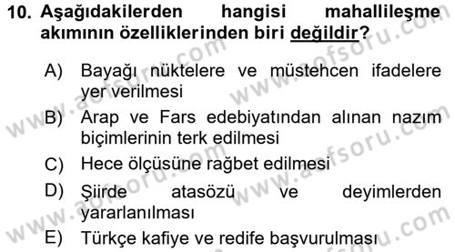 XVIII. Yüzyıl Türk Edebiyatı Dersi 2016 - 2017 Yılı (Vize) Ara Sınav Soruları 10. Soru