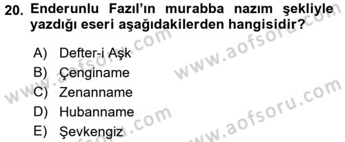 XVIII. Yüzyıl Türk Edebiyatı Dersi 2016 - 2017 Yılı (Vize) Ara Sınav Soruları 20. Soru