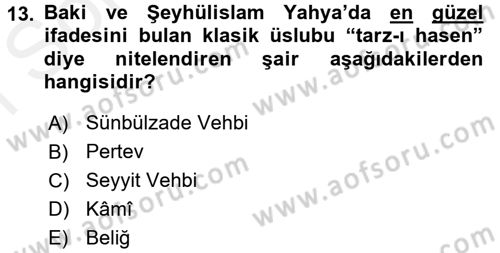 XVIII. Yüzyıl Türk Edebiyatı Dersi 2016 - 2017 Yılı (Final) Dönem Sonu Sınav Soruları 13. Soru