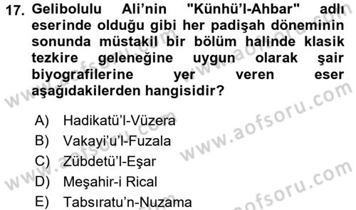 XVIII. Yüzyıl Türk Edebiyatı Dersi 2016 - 2017 Yılı (Final) Dönem Sonu Sınav Soruları 17. Soru