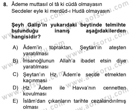 XVIII. Yüzyıl Türk Edebiyatı Dersi 2016 - 2017 Yılı (Final) Dönem Sonu Sınav Soruları 8. Soru