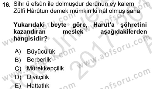 XVIII. Yüzyıl Türk Edebiyatı Dersi 2017 - 2018 Yılı (Vize) Ara Sınavı 16. Soru
