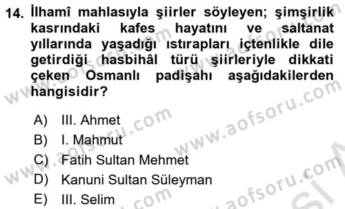 XVIII. Yüzyıl Türk Edebiyatı Dersi 2018 - 2019 Yılı 3 Ders Sınav Soruları 14. Soru