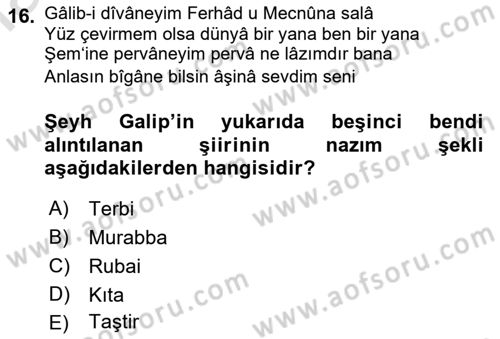 XVIII. Yüzyıl Türk Edebiyatı Dersi 2018 - 2019 Yılı 3 Ders Sınav Soruları 16. Soru