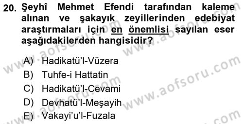 XVIII. Yüzyıl Türk Edebiyatı Dersi 2018 - 2019 Yılı 3 Ders Sınav Soruları 20. Soru