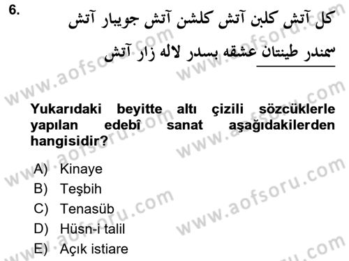 XVIII. Yüzyıl Türk Edebiyatı Dersi 2018 - 2019 Yılı 3 Ders Sınav Soruları 6. Soru