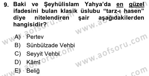 XVIII. Yüzyıl Türk Edebiyatı Dersi 2018 - 2019 Yılı 3 Ders Sınav Soruları 9. Soru