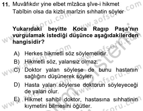 XVIII. Yüzyıl Türk Edebiyatı Dersi 2018 - 2019 Yılı Yaz Okulu Sınav Soruları 11. Soru