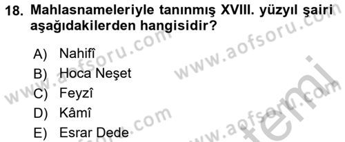 XVIII. Yüzyıl Türk Edebiyatı Dersi 2018 - 2019 Yılı Yaz Okulu Sınav Soruları 18. Soru