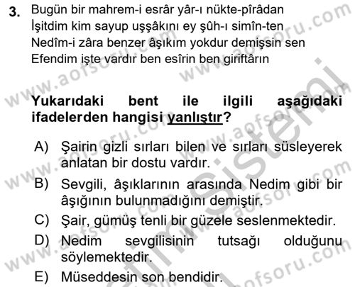XVIII. Yüzyıl Türk Edebiyatı Dersi 2018 - 2019 Yılı Yaz Okulu Sınav Soruları 3. Soru