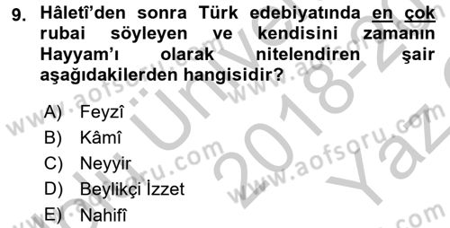 XVIII. Yüzyıl Türk Edebiyatı Dersi 2018 - 2019 Yılı Yaz Okulu Sınav Soruları 9. Soru