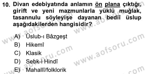 XVIII. Yüzyıl Türk Edebiyatı Dersi 2019 - 2020 Yılı (Vize) Ara Sınav Soruları 10. Soru