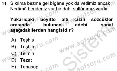 XVIII. Yüzyıl Türk Edebiyatı Dersi 2019 - 2020 Yılı (Vize) Ara Sınav Soruları 11. Soru