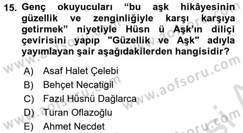 XVIII. Yüzyıl Türk Edebiyatı Dersi 2019 - 2020 Yılı (Vize) Ara Sınav Soruları 15. Soru