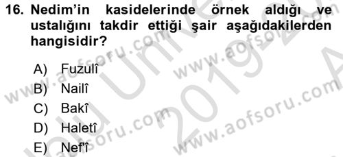 XVIII. Yüzyıl Türk Edebiyatı Dersi 2019 - 2020 Yılı (Vize) Ara Sınav Soruları 16. Soru