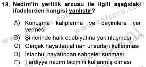 XVIII. Yüzyıl Türk Edebiyatı Dersi 2019 - 2020 Yılı (Vize) Ara Sınav Soruları 18. Soru