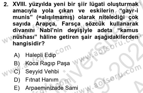 XVIII. Yüzyıl Türk Edebiyatı Dersi 2019 - 2020 Yılı (Vize) Ara Sınav Soruları 2. Soru