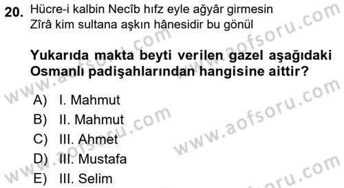 XVIII. Yüzyıl Türk Edebiyatı Dersi 2019 - 2020 Yılı (Vize) Ara Sınav Soruları 20. Soru