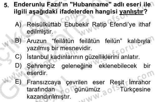 XVIII. Yüzyıl Türk Edebiyatı Dersi 2019 - 2020 Yılı (Vize) Ara Sınav Soruları 5. Soru
