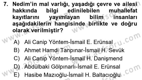 XVIII. Yüzyıl Türk Edebiyatı Dersi 2019 - 2020 Yılı (Vize) Ara Sınav Soruları 7. Soru