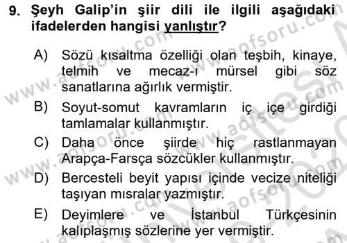 XVIII. Yüzyıl Türk Edebiyatı Dersi 2019 - 2020 Yılı (Vize) Ara Sınav Soruları 9. Soru