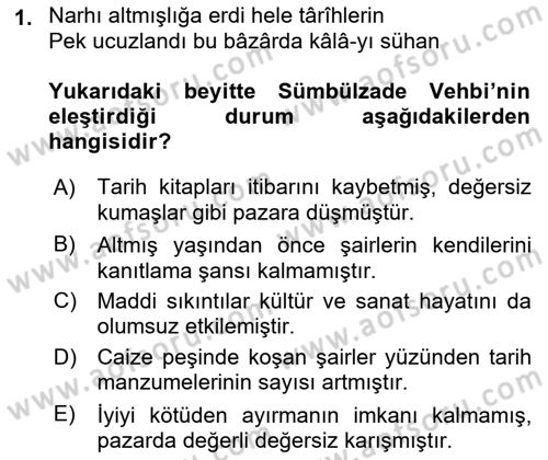 XVIII. Yüzyıl Türk Edebiyatı Dersi 2021 - 2022 Yılı (Vize) Ara Sınav Soruları 1. Soru