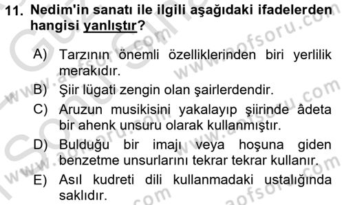 XVIII. Yüzyıl Türk Edebiyatı Dersi 2021 - 2022 Yılı (Final) Dönem Sonu Sınav Soruları 11. Soru