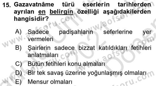 XVIII. Yüzyıl Türk Edebiyatı Dersi 2021 - 2022 Yılı (Final) Dönem Sonu Sınav Soruları 15. Soru