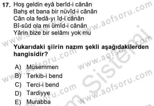 XVIII. Yüzyıl Türk Edebiyatı Dersi 2021 - 2022 Yılı (Final) Dönem Sonu Sınav Soruları 17. Soru