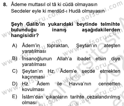 XVIII. Yüzyıl Türk Edebiyatı Dersi 2021 - 2022 Yılı (Final) Dönem Sonu Sınav Soruları 8. Soru