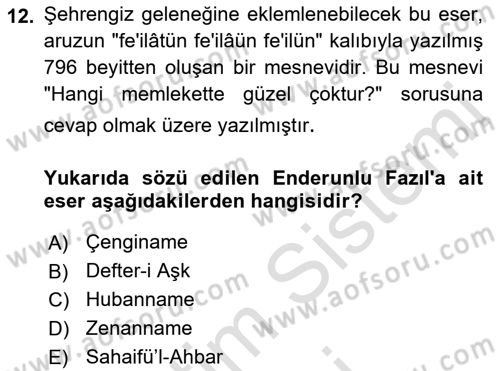 XVIII. Yüzyıl Türk Edebiyatı Dersi 2022 - 2023 Yılı (Vize) Ara Sınav Soruları 12. Soru
