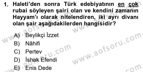 XVIII. Yüzyıl Türk Edebiyatı Dersi 2022 - 2023 Yılı (Final) Dönem Sonu Sınav Soruları 1. Soru