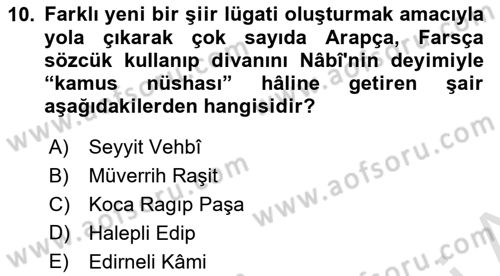 XVIII. Yüzyıl Türk Edebiyatı Dersi 2022 - 2023 Yılı (Final) Dönem Sonu Sınav Soruları 10. Soru